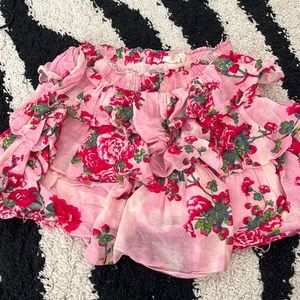 LOVESHACKFANCY pink mini ruffle skirt with floral pattern!! Size small
